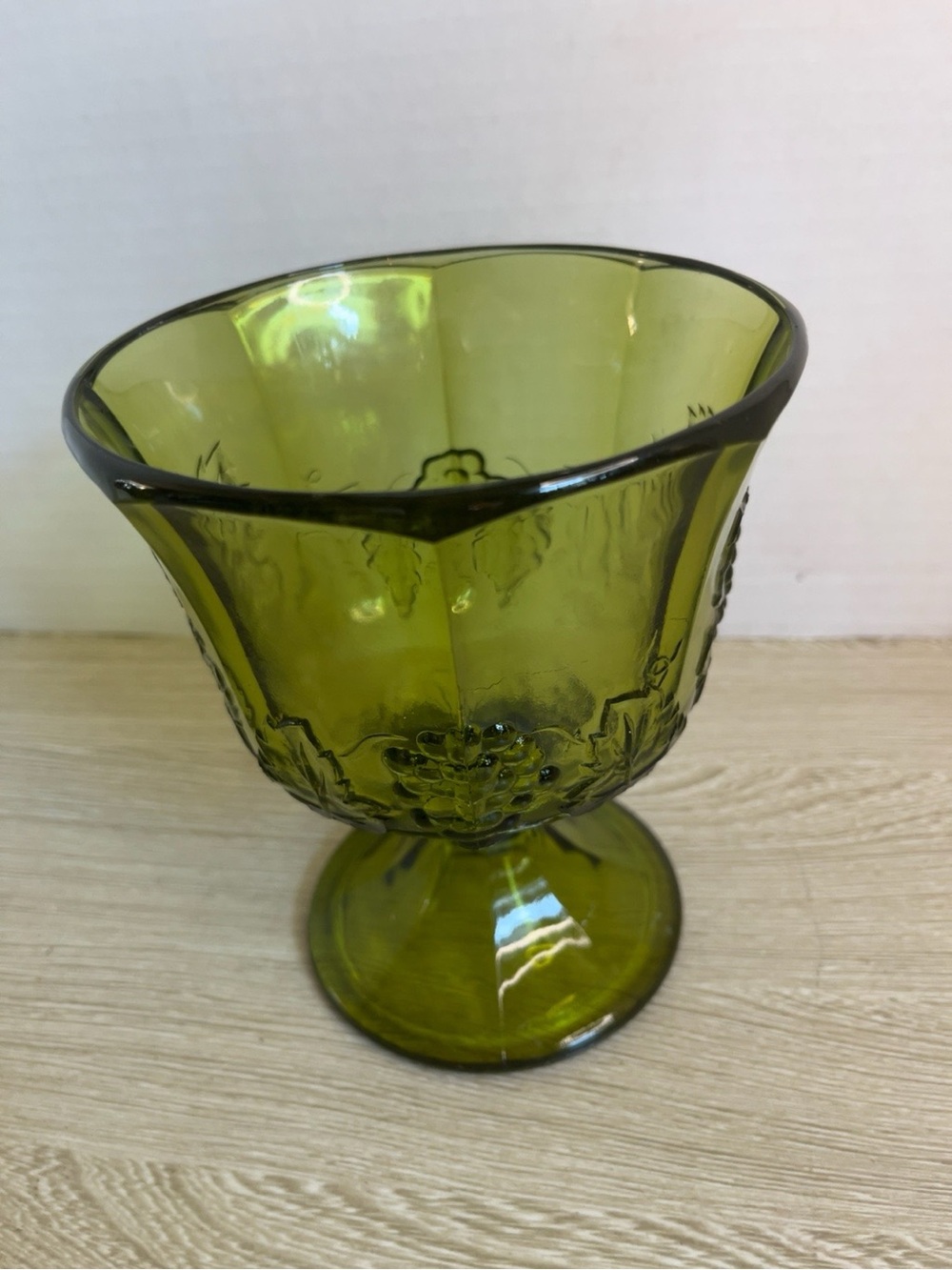 Olive Green Glass Pedestal Bowl - Decorative Glass Accent